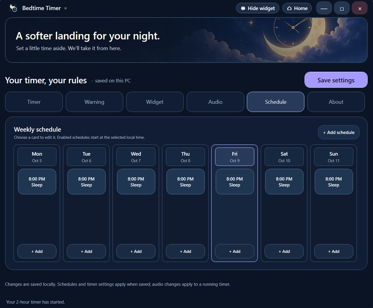 Bedtime Timer weekly schedule settings